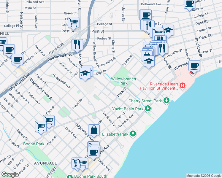 map of restaurants, bars, coffee shops, grocery stores, and more near 1321 McDuff Avenue South in Jacksonville