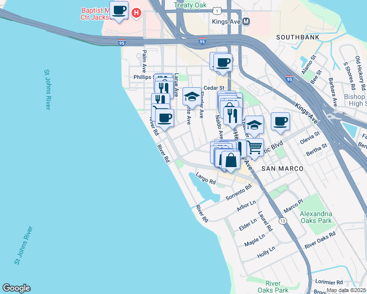 map of restaurants, bars, coffee shops, grocery stores, and more near 1738 Moro Avenue in Jacksonville