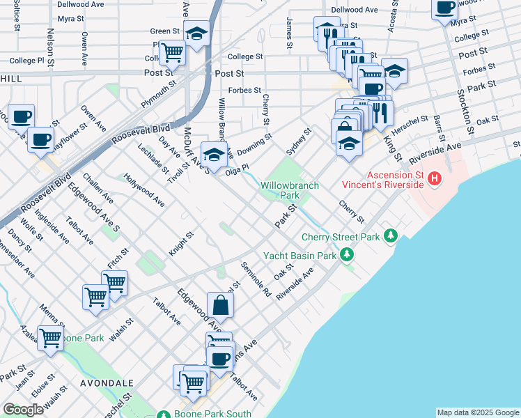 map of restaurants, bars, coffee shops, grocery stores, and more near 1321 McDuff Avenue South in Jacksonville
