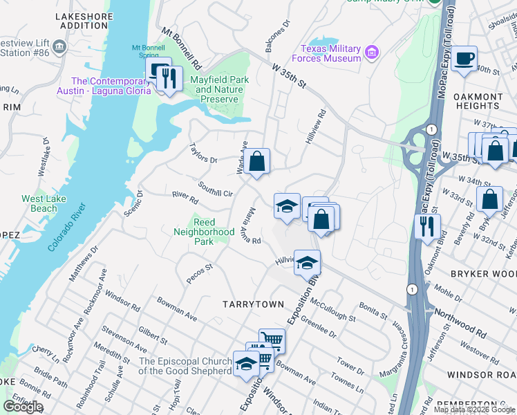 map of restaurants, bars, coffee shops, grocery stores, and more near 2709 Maria Anna Road in Austin