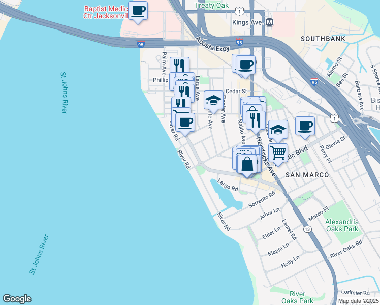 map of restaurants, bars, coffee shops, grocery stores, and more near 1754 San Marco Boulevard in Jacksonville