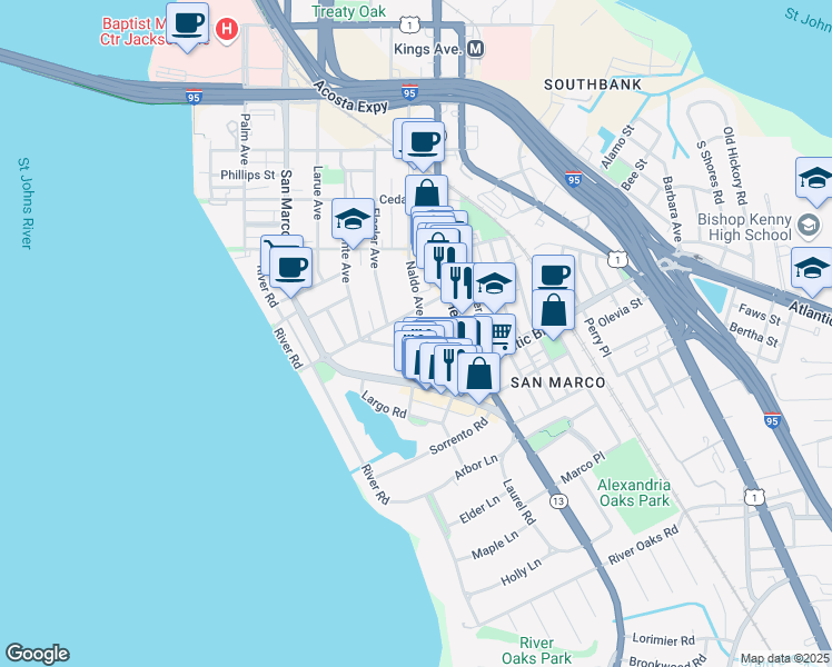 map of restaurants, bars, coffee shops, grocery stores, and more near 1840 Naldo Avenue in Jacksonville