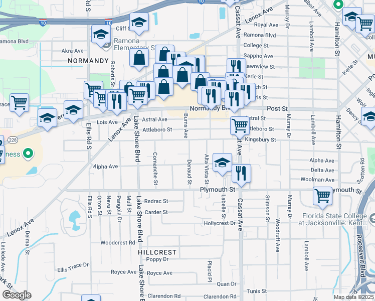 map of restaurants, bars, coffee shops, grocery stores, and more near 2 Denaud Street in Jacksonville