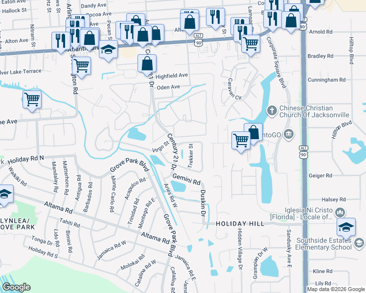 map of restaurants, bars, coffee shops, grocery stores, and more near 8322 Century Point Drive North in Jacksonville