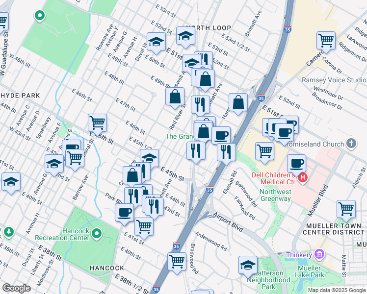 map of restaurants, bars, coffee shops, grocery stores, and more near 4608 Bennett Avenue in Austin