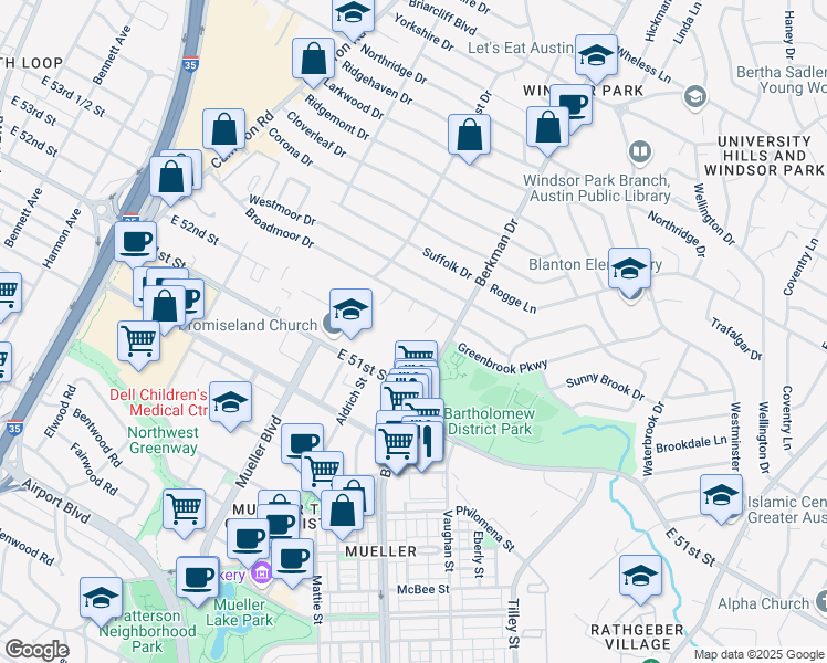 map of restaurants, bars, coffee shops, grocery stores, and more near 5200 Knight Circle in Austin