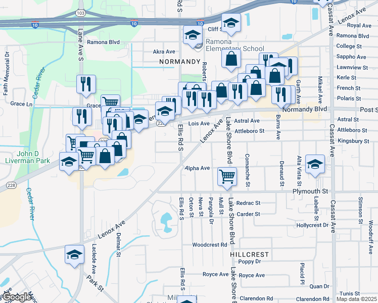 map of restaurants, bars, coffee shops, grocery stores, and more near 5531 Lenox Avenue in Jacksonville