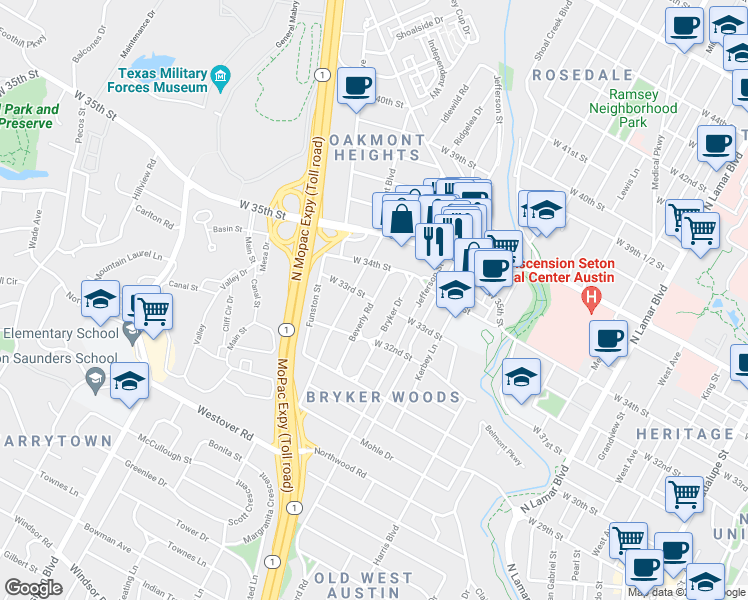 map of restaurants, bars, coffee shops, grocery stores, and more near W 33rd St & Beverly Rd in Austin