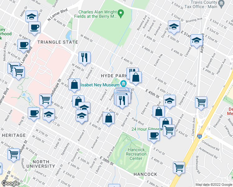 map of restaurants, bars, coffee shops, grocery stores, and more near 4311 Avenue G in Austin
