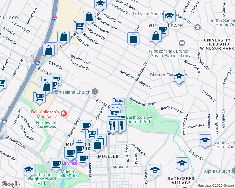 map of restaurants, bars, coffee shops, grocery stores, and more near 5200 Knight Circle in Austin