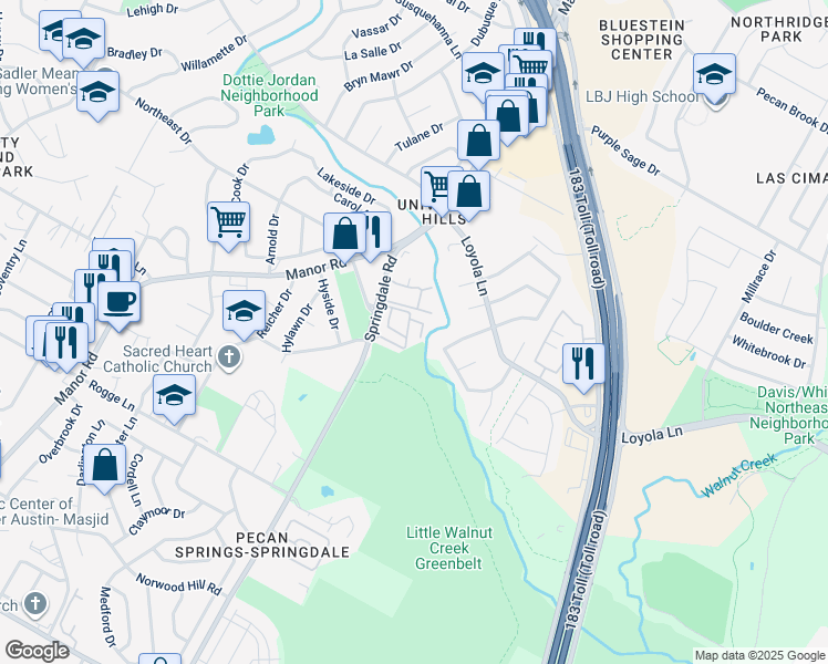 map of restaurants, bars, coffee shops, grocery stores, and more near 6407 Springdale Road in Austin