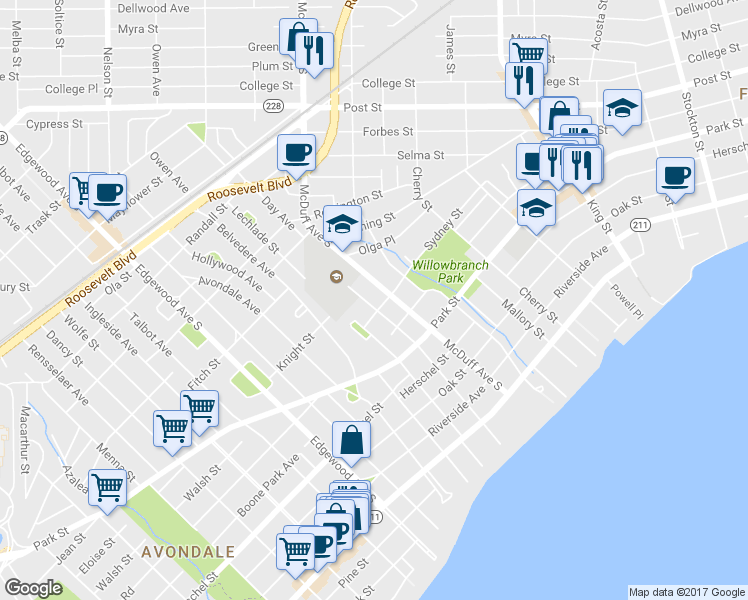 map of restaurants, bars, coffee shops, grocery stores, and more near 3011 Sydney Street in Jacksonville