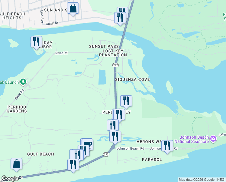 map of restaurants, bars, coffee shops, grocery stores, and more near 13528 Perdido Key Drive in Pensacola