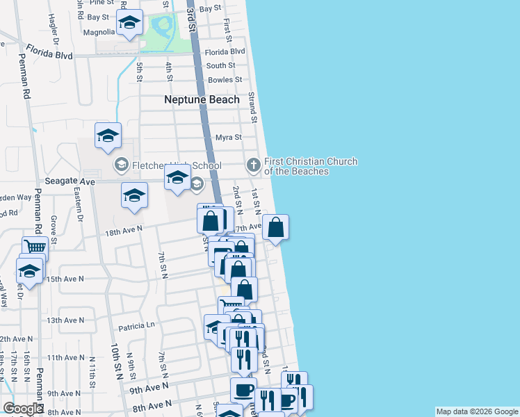 map of restaurants, bars, coffee shops, grocery stores, and more near 102 18th Avenue North in Jacksonville Beach