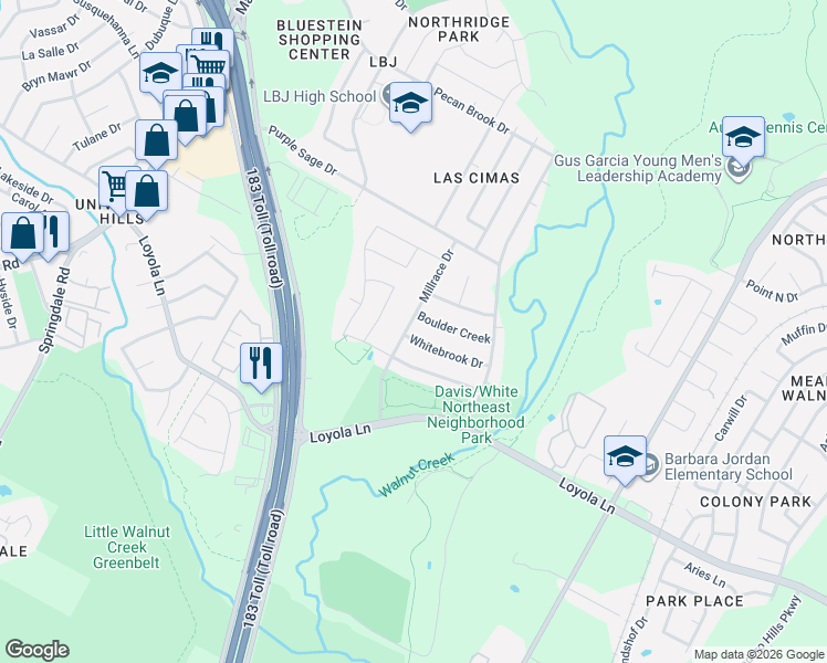 map of restaurants, bars, coffee shops, grocery stores, and more near 5700 Whitebrook Drive in Austin