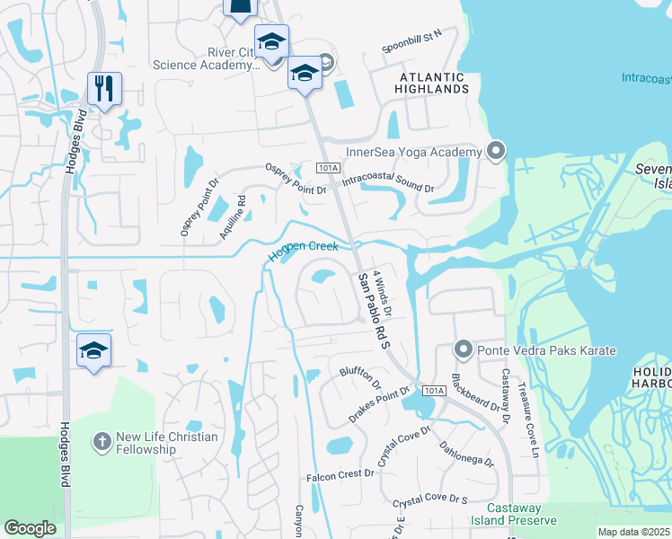 map of restaurants, bars, coffee shops, grocery stores, and more near 2367 Covington Creek Circle East in Jacksonville