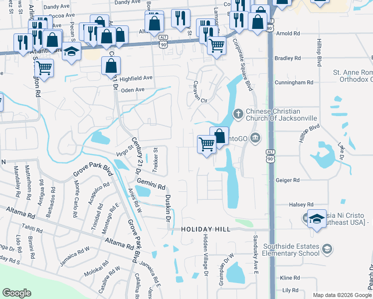 map of restaurants, bars, coffee shops, grocery stores, and more near 8810 Corporate Square Ct in Jacksonville