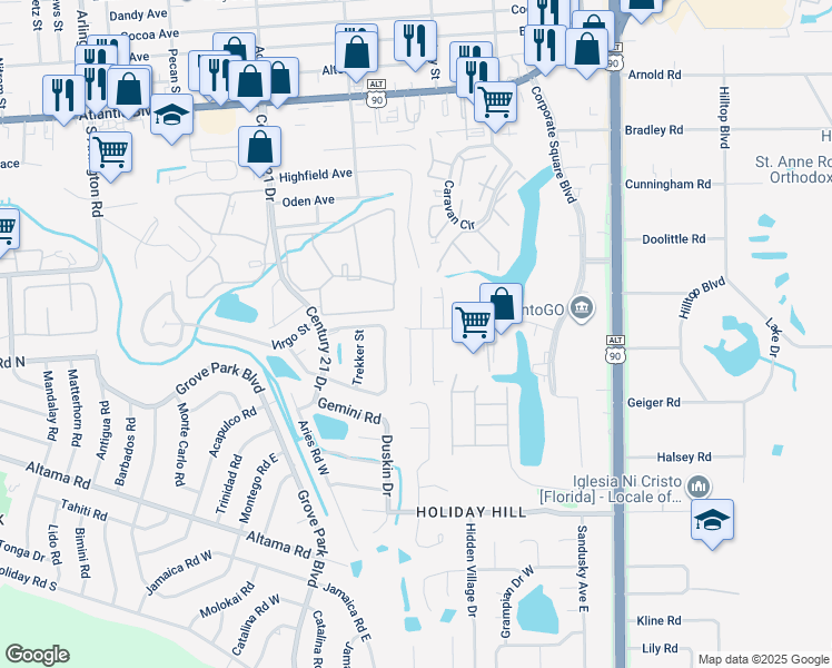 map of restaurants, bars, coffee shops, grocery stores, and more near 510 Narnia Court in Jacksonville