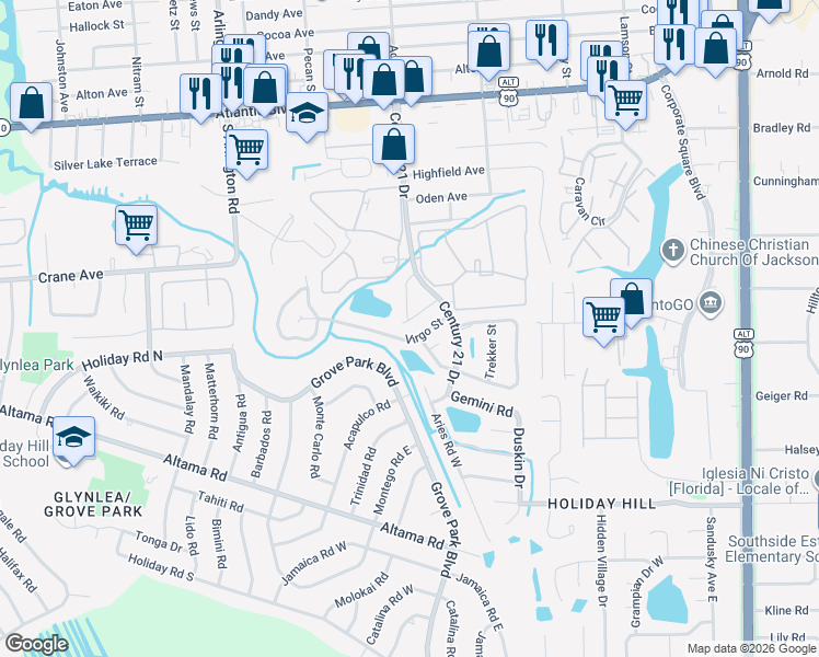 map of restaurants, bars, coffee shops, grocery stores, and more near 8153 Virgo Street in Jacksonville