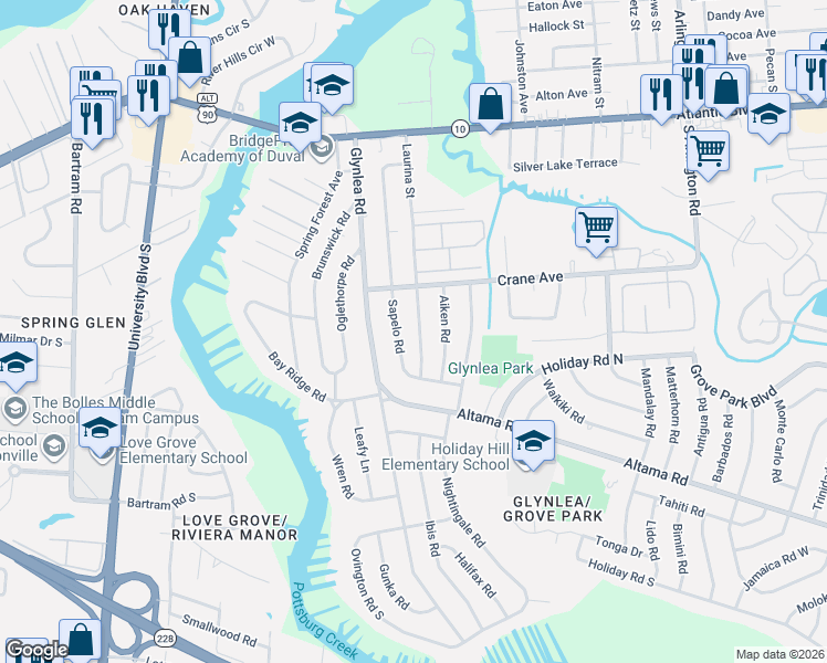 map of restaurants, bars, coffee shops, grocery stores, and more near 507 Laurina Street in Jacksonville