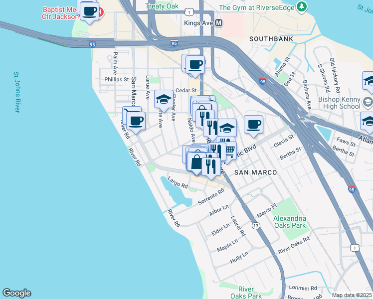 map of restaurants, bars, coffee shops, grocery stores, and more near 1840 Naldo Avenue in Jacksonville