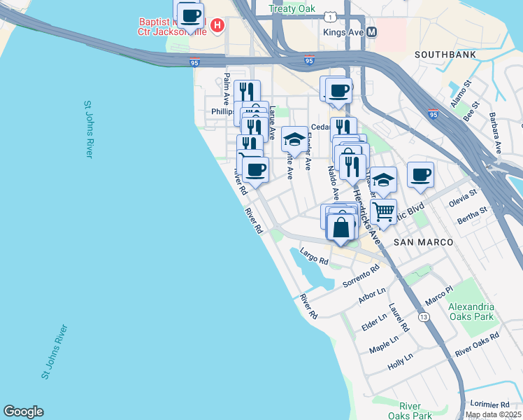 map of restaurants, bars, coffee shops, grocery stores, and more near 1754 San Marco Boulevard in Jacksonville