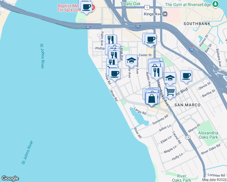 map of restaurants, bars, coffee shops, grocery stores, and more near 1754 San Marco Boulevard in Jacksonville