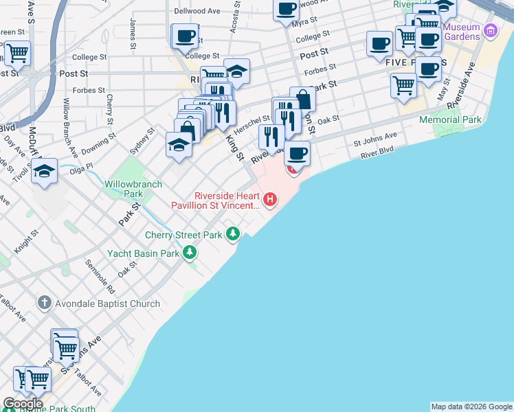 map of restaurants, bars, coffee shops, grocery stores, and more near 1842 Powell Place in Jacksonville