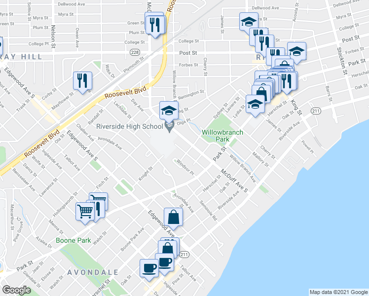 map of restaurants, bars, coffee shops, grocery stores, and more near 3011 Sydney Street in Jacksonville