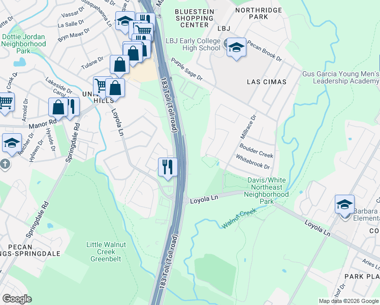 map of restaurants, bars, coffee shops, grocery stores, and more near 6571 Ed Bluestein Boulevard in Austin