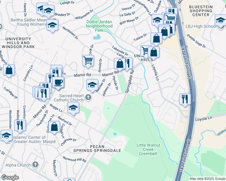 map of restaurants, bars, coffee shops, grocery stores, and more near 3303 Hyclimb Circle in Austin