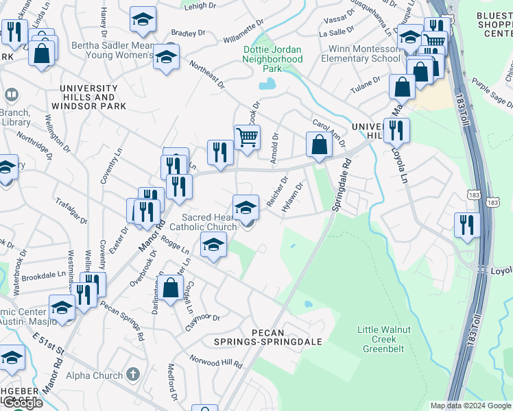 map of restaurants, bars, coffee shops, grocery stores, and more near 6102 Reicher Drive in Austin