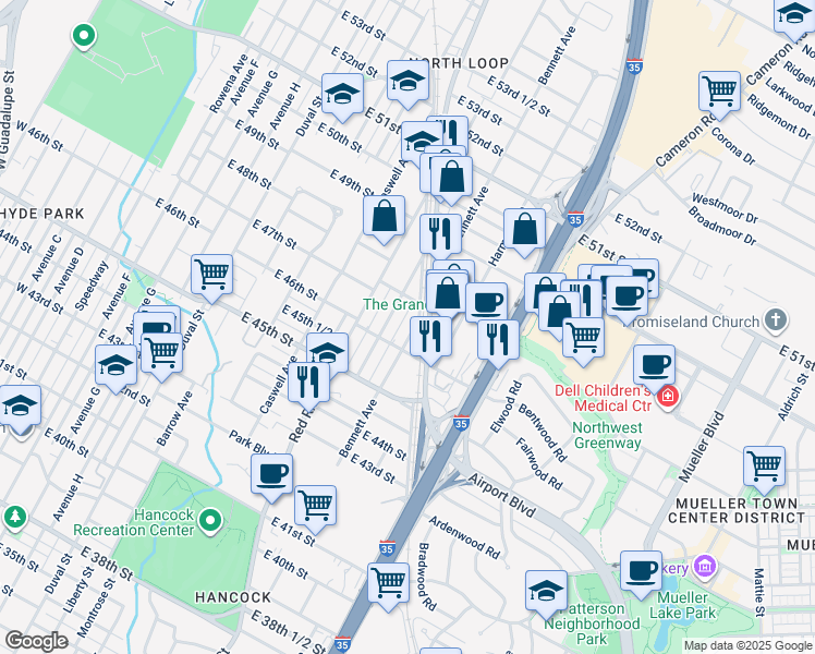 map of restaurants, bars, coffee shops, grocery stores, and more near 4611 Bennett Avenue in Austin