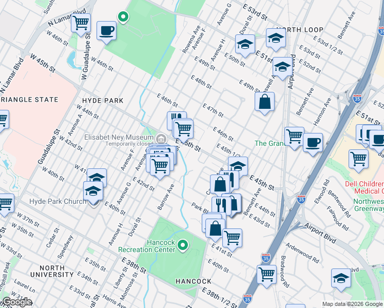 map of restaurants, bars, coffee shops, grocery stores, and more near 605 East 45th Street in Austin