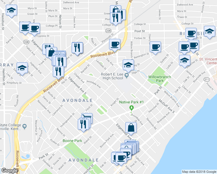 map of restaurants, bars, coffee shops, grocery stores, and more near 2690 Hollywood Avenue in Jacksonville