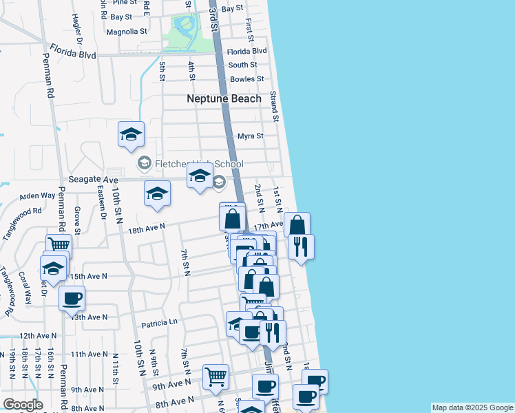 map of restaurants, bars, coffee shops, grocery stores, and more near 201 18th Avenue North in Jacksonville Beach