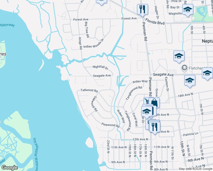 map of restaurants, bars, coffee shops, grocery stores, and more near 41 Oakwood Road in Jacksonville Beach