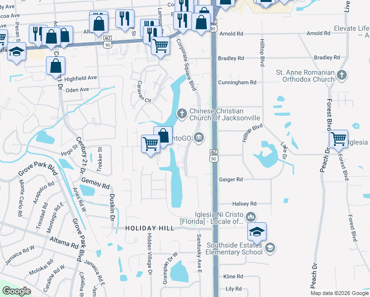 map of restaurants, bars, coffee shops, grocery stores, and more near 2147 Corporate Square Boulevard in Jacksonville