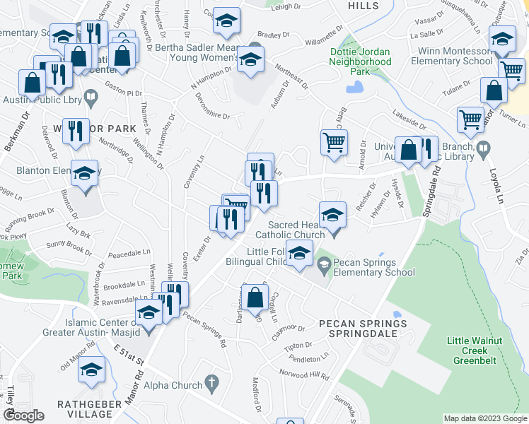 map of restaurants, bars, coffee shops, grocery stores, and more near 2901 Sweeney Lane in Austin