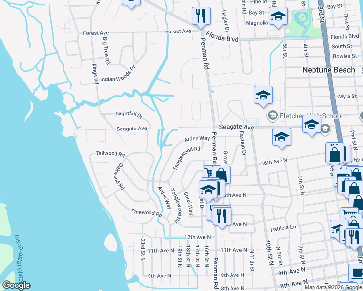 map of restaurants, bars, coffee shops, grocery stores, and more near 1812 Arden Way in Jacksonville Beach