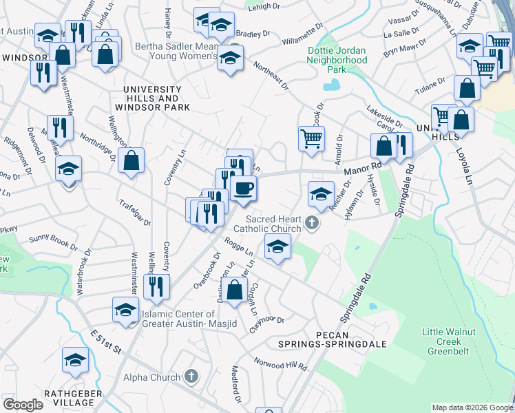 map of restaurants, bars, coffee shops, grocery stores, and more near 2906 Sweeney Lane in Austin