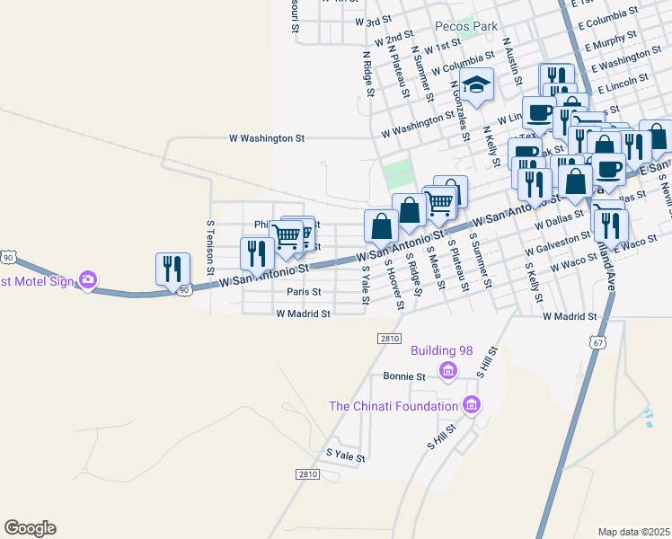 map of restaurants, bars, coffee shops, grocery stores, and more near South Alysford Street in Marfa