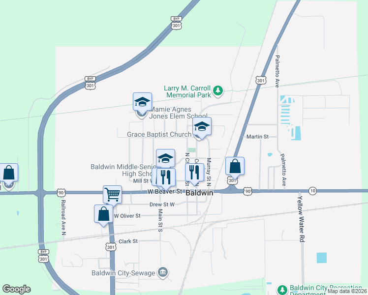 map of restaurants, bars, coffee shops, grocery stores, and more near 398 North Chestnut Street in Baldwin