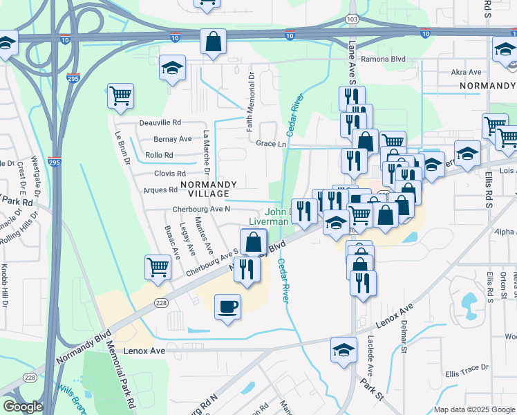 map of restaurants, bars, coffee shops, grocery stores, and more near 1005 Cherbourg Avenue East in Jacksonville