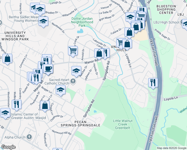 map of restaurants, bars, coffee shops, grocery stores, and more near 3303 Hyclimb Circle in Austin