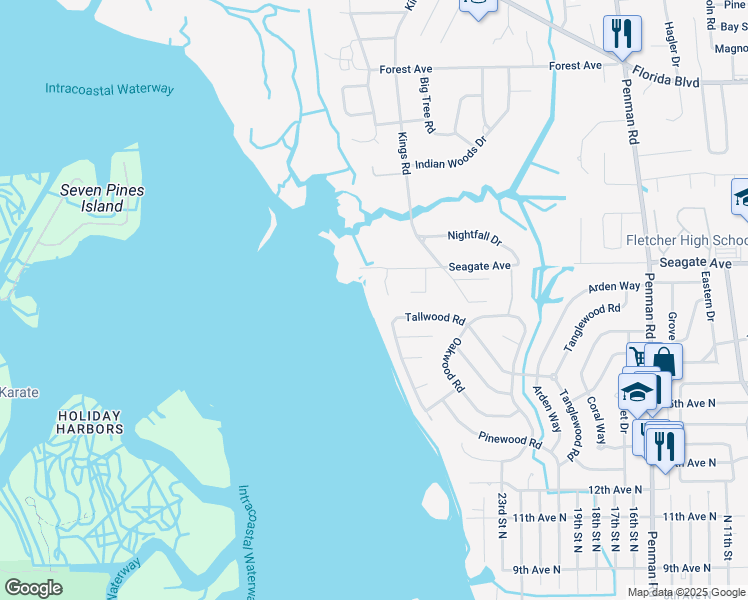map of restaurants, bars, coffee shops, grocery stores, and more near 2008 Waterway Island Lane in Jacksonville Beach