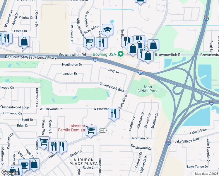 map of restaurants, bars, coffee shops, grocery stores, and more near 205 Country Club Boulevard in Slidell