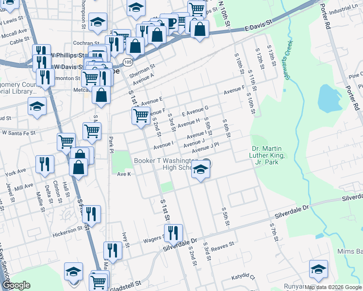 map of restaurants, bars, coffee shops, grocery stores, and more near 500 Avenue J in Conroe