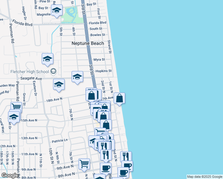 map of restaurants, bars, coffee shops, grocery stores, and more near 102 18th Avenue North in Jacksonville Beach