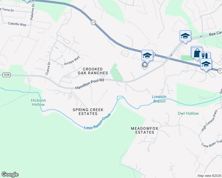 map of restaurants, bars, coffee shops, grocery stores, and more near 14609 Hamilton Pool Road in Austin